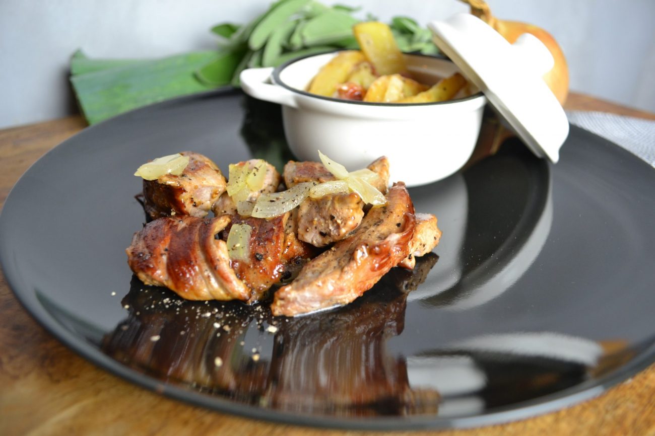 Geröstete Kartoffeln mit Schweinefilet in Cognacsauce